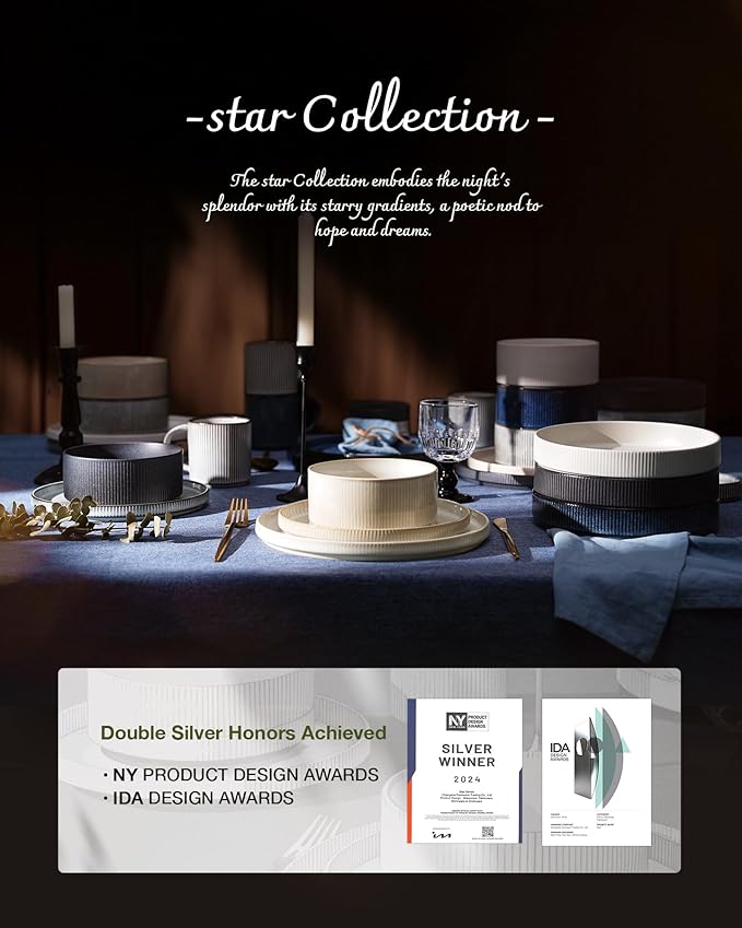 Famiware Star 16-Piece Stoneware Dinnerware Set, Service for 4, Reactive Glaze Mugs, Plates and Bowls, Dishes with Trim, Modern Rustic, Chip/Scratch Resistant, Microwave/Dishwasher Safe, Nebulas Blue