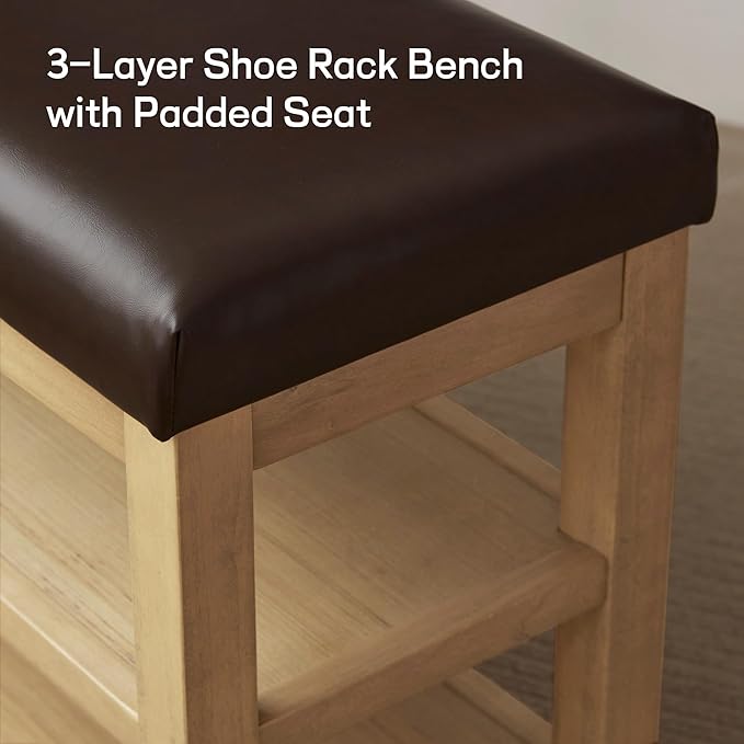 Zihanhome Shoe Rack Bench with Leather Cushion, 2 Tier Solid Wood Storage Bench, Mid-Century Modern Shoe Bench for Entryway, Hallway, Closet, Front Door Entrance, Foyer (Dark Brown, 46.5)