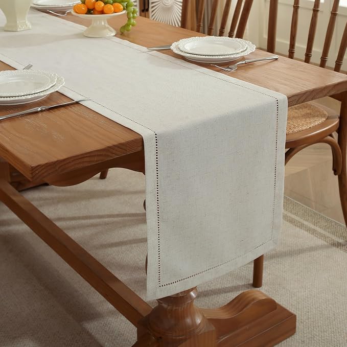 Linen Blend Table Runner – Light Natural Handmade Hemstitch, Classic Style for Spring & Summer, Ideal forDresser, Dining, Summer (14" x 108")