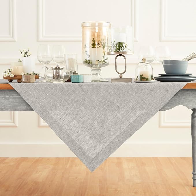 Solino Home Linen Tablecloth 52 x 52 Inch - 100% Pure Linen Square Table Throw - Athena, Machine Washable Oyster Grey Tablecloth for Summer