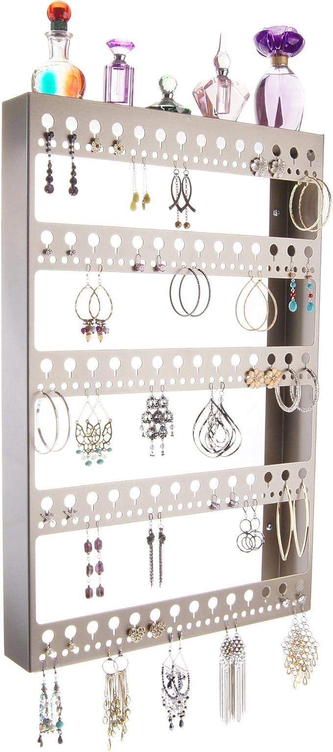 Angelynn's Wall Mounted Big Earring Holder Organizer Display Long Post Stud Large Dangle Hoop Pierced Earrings, Hanging Closet Jewelry Storage Rack with Shelf, Nichole Satin Nickel Silver 14 1/2"x22"