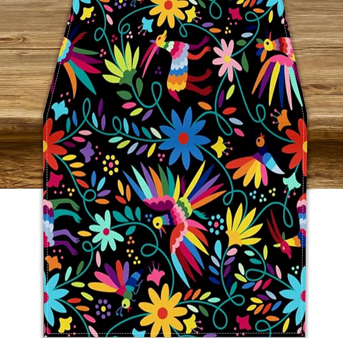 Mexican Fiesta Table Runner Abstract Pattern Cinco De Mayo Dia De Los Muertos Runners Farmhouse Rustic Runner Day of The Dead Decor for Kitchen Dining Home, 13x60 Inch
