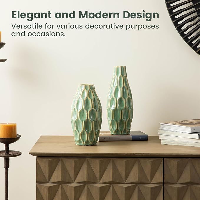 Glitzhome Turquoise Ceramic Vase Set, Modern Green Vases for Home Decor, Farmhouse Table Vase for Centerpieces, Living Room, Mantel Centerpiece Shelf Decoration, Set of 2