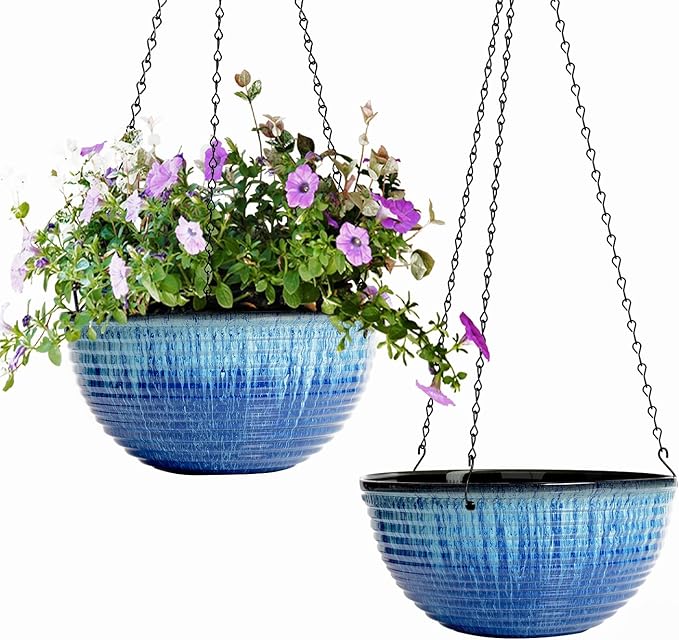 Vanslogreen 2 Pack Hanging Planters for Indoor Outdoor Plants, 10 Inch Hanging Planter with Drainage Hole & Plug Glazed Hanging Baskets Flower Pots for Garden Home (Blue Flow Glaze)