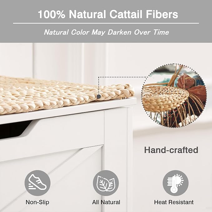 VECELO 30" Storage Bench, Entryway Shoe Ottoman, Farmhouse Style Bench with Handwoven Cushion and Metal Safety Hinges, for Bedroom, Living Room, Entryway, White