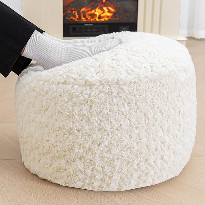 Poofieotto Unstuffed Pouf Ottoman Cover Handmade Footstool Ottoman Storage Solution Floor Pouf Footrest Cushion 20x12 Inches for Living Room Wedding Ivory