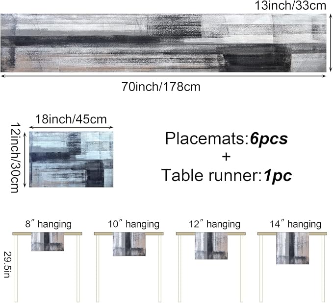 Black and Grey Modern Table Runner and Place Mats Set of 6 Abstract Black and White Gray Pink Linen Dining Mat Sets Washable Ivory Tabletop for Home Table Decorations 70 Inches Long