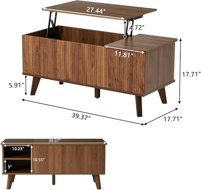 Mid Century Modern Lift Top Coffee Table with Storage for Living Room, Bedroom, Rectangle Low Fluted Coffee Table with Drawers, Contemporary Pop Up Cofee Table Convertible Rising (Walnut)