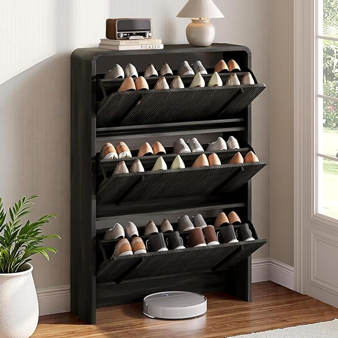 AMERLIFE Shoe Cabinet with 3 Flip Drawers, Fluted Shoe Organizer with Adjustable Shelf for Space-Saving, Freestanding Shoe Storage Rack for Entryway, Hallway, Black