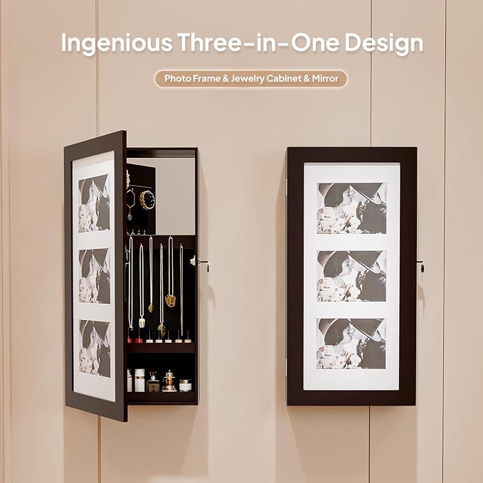 VINGLI Brown Wall-Mounted Jewelry Organizer for Women, 3-in-1 Photo Frame, Mirror & Lockable Storage Cabinet, Hanging Jewelry Box for Earrings, Rings, Necklaces, and Bracelets, Space-Saving Gift