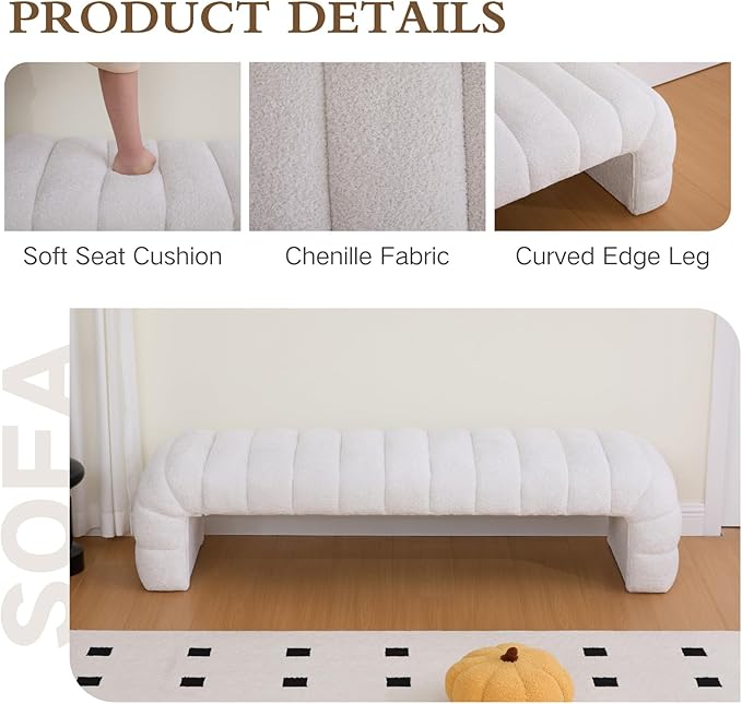 Chifee & Vingol 69.7" W Modern Living Room Bench Upholstered Bedroom Benches End of Bed Bench for Entryway, Dining Room and Living Room,Ivory