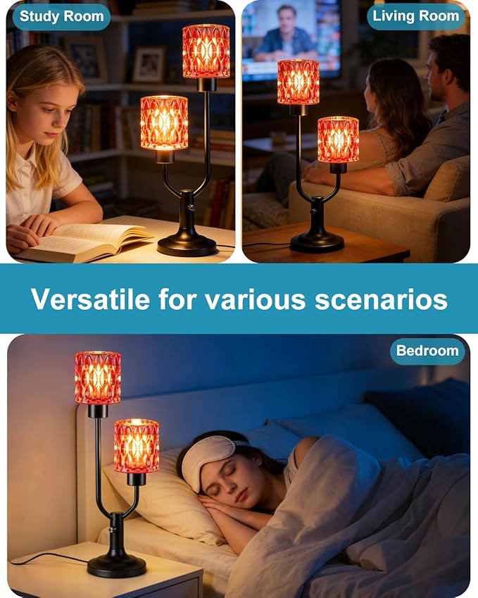 Lightdot Mid Century Modern Glass Table Lamp Dimmable Black Desk Lamp with Red Glass Shades 3 Bulbs Included 3000K Warmwhite Farmhouse Nightstand Ambiance Lamp for Living Room Bedroom Bedside