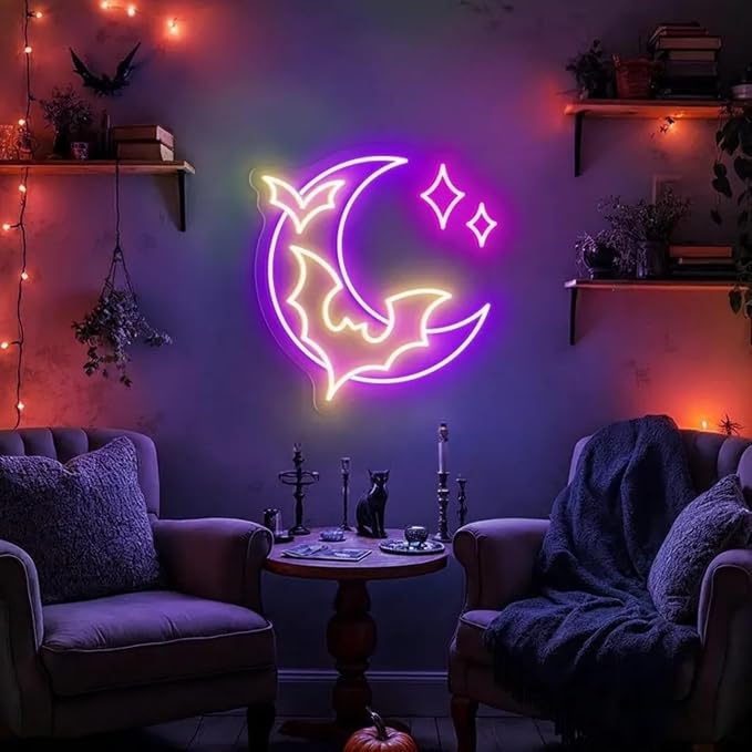 Halloween Bat Moon Neon Sign, Dimmable Spooky LED Wall Light, USB Powered Gothic Neon Decor for Bedroom, Bar, Party, and Halloween Room Aesthetic Gift Idea