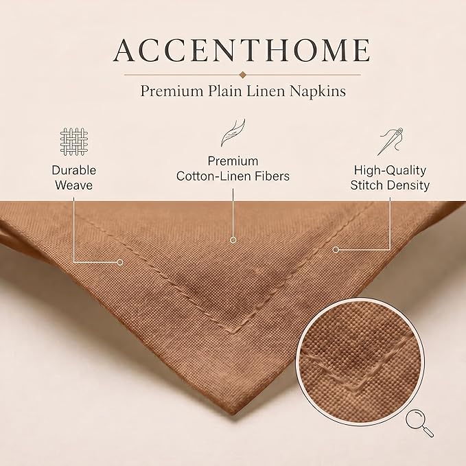 ACCENTHOME Brown Cotton Linen Napkin Set of 12 18x18 inch Dinner Napkins - Washable Soft Premium Hotel Quality Reusable Napkins Perfect Table Napkins for Family Dinners, Weddings & Everyday Use