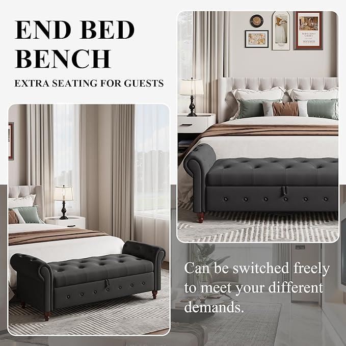 Modern 63'' Storage Ottoman Bench, Upholstered End Bed Bench with Curved Armrest, Button Tufted Entryway Bench with Wood Legs, Bed Bench for Bedroom, Living Room, Hallway (Dark Grey)