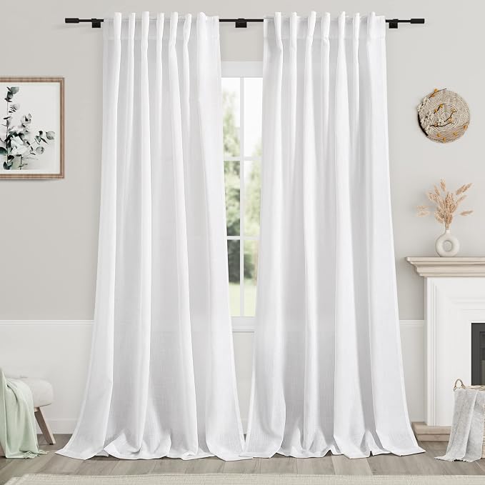 Nanspring White Linen Curtains 115 Inches Long 2 Panels Set for Living Room Extra Long Back Tab Curtains Farmhouse Semi Sheer Light Filtering Linen Drapes Ceiling to Floor for Large Window 52x115