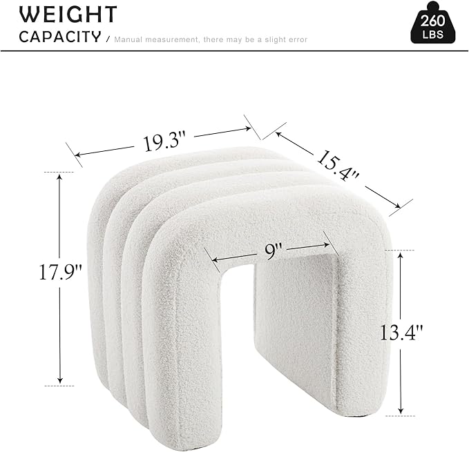 White Teddy Fleece Tufted Ottoman Stool, Small Arch Footrest for Couch, Modern Vanity Stool with Non-Slip Pads for Makeup Room, Living Room, Entryway, 15.4 x 19.3 x 17.9 Inches, 260lb Capacity