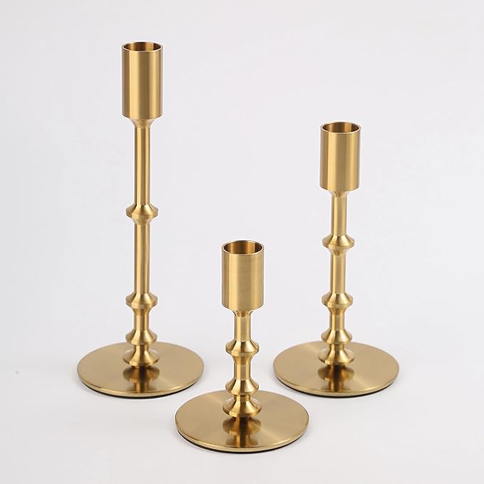 Gold Candle Holders,Modern Candle Stick Holders for Table Mantel Wedding Housewarming, Set of 3 Metal Brass Candlestick Holder