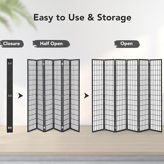 JOSTYLE Room Divider 6 Panel, 6ft Folding Privacy Screen for Room Separation, Shoji Screen Japanese Style Room Divider Wall, Black, 70.9" H x 104" W
