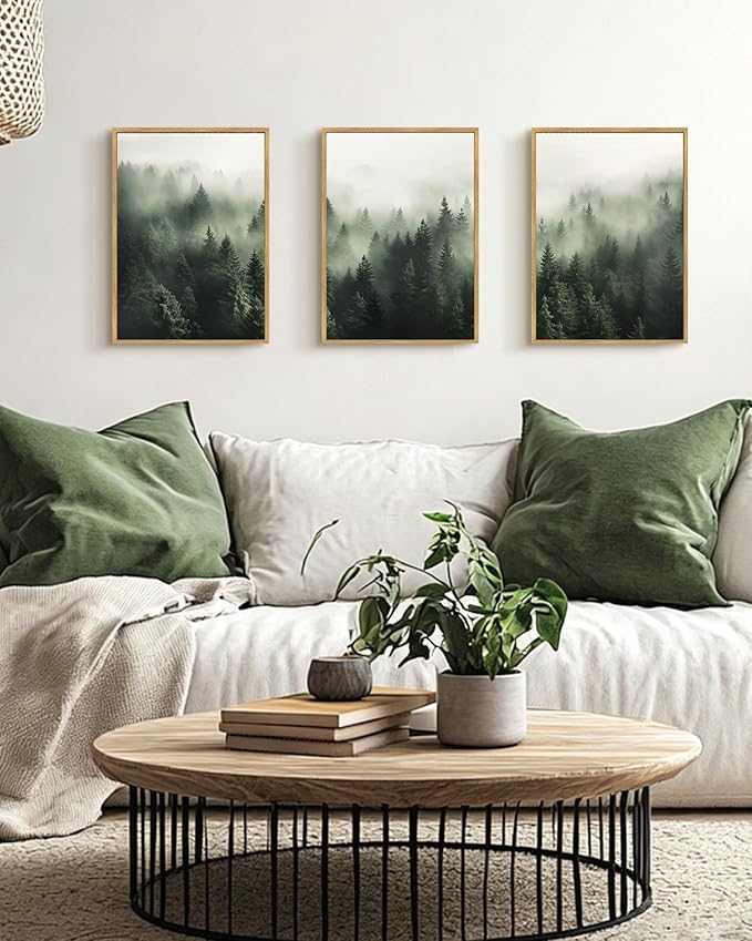 PHOPAGO Green Fog Pine Tree Framed Wall Art Nature Misty Nordic Forests Artwork Morden Paints for Living Room Hallway Decor - 12x16in Natural Framed