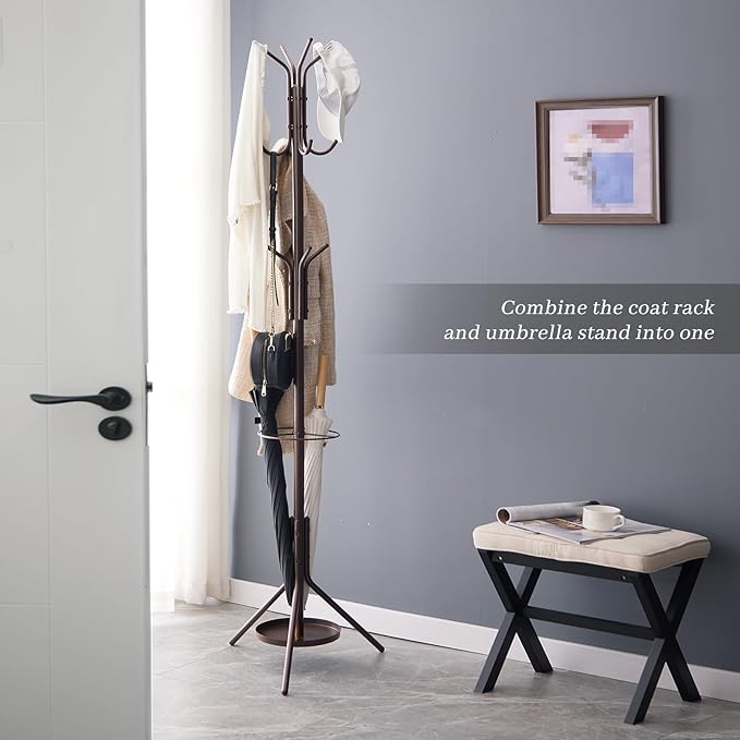 Kitsanery Coat Rack Freestanding,Metal Coat Tree with Umbrella Holder,Hat and Coat Rack Stand for Entryway, Hallway, Living Room, Bedroom (Brown)