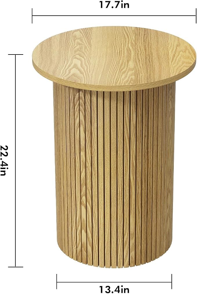 Wnutrees Round Fluted End Table, Small Accent Pedestal Side Table, Wood Fluted Nightstand Bedside Table for Living Room, Handcrafted Finish, Natural, 2Pack