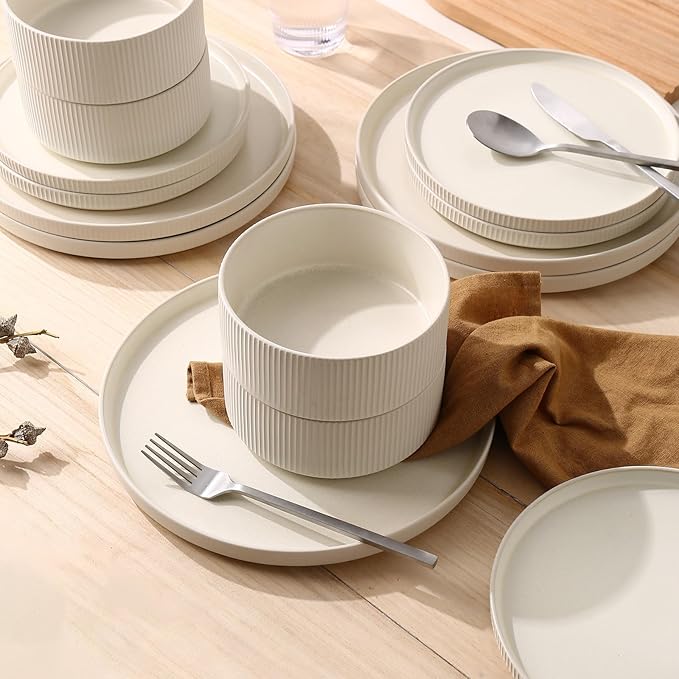 MONITO Ceramic Dinnerware Sets for 4, 12PCS Stoneware Plates and Bowls Sets, Reactive Glaze Dish Set, Chip and Scratch Resistant Double, Microwave and Dishwasher Safe, Matte White