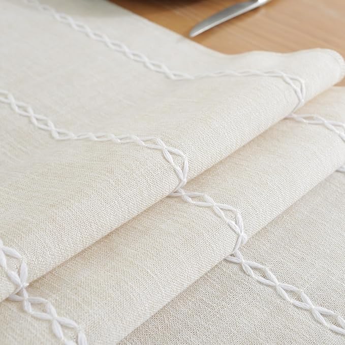 Laolitou Rustic Table Runner with Tassels, Embroidered Cotton Linen Table Decoration for Holiday Party, Farmhouse Table Runners, Wedding and Dining Decorations, 108 Inches, Ivory