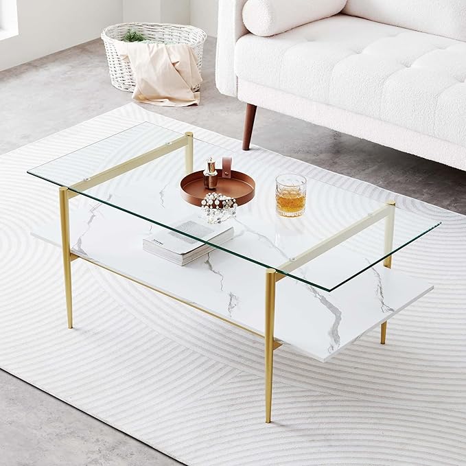 LumFurn Rectangle Coffee Table for Living Room, Mid-Century Modern Design, L41 x W21 x H17, 2-Tier Structure, Clear Glass Top and White Marble Finish Wood Shelf, Conical Legs with Gold Finish