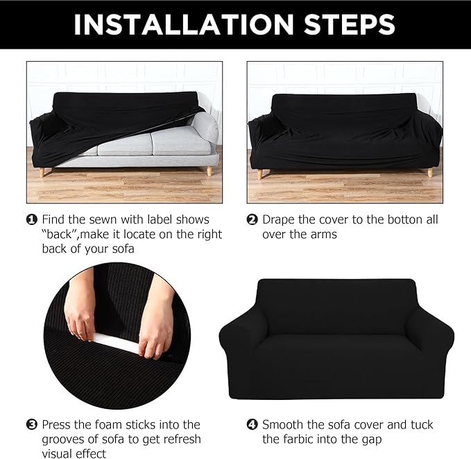 Peryiter 2 Pcs Sofa Covers Couch and Loveseat Covers Set Stretch Sofa Slipcover for Living Room Armchair Furniture Protector, Wrinkle Proof(Black,Jacquard)
