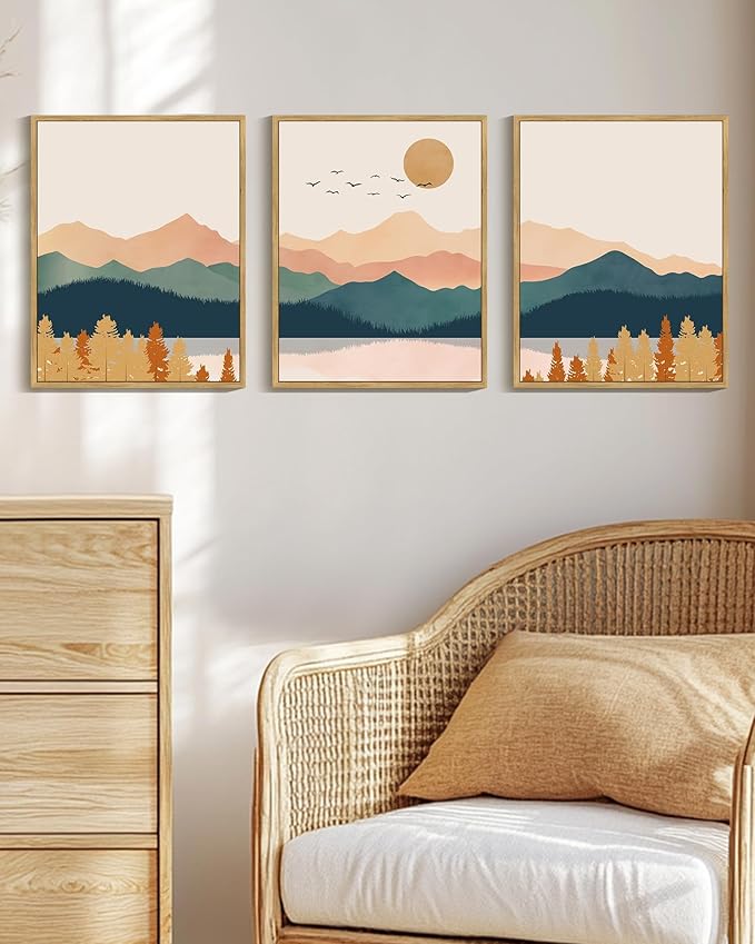 PHOPAGO Mountain Range Landscape Framed Wall Art Watercolor Nature Laker Paints Boho Sun Rises Rustic Room Decor for Kitchen Farmhouse - 11x14in Natural Framed