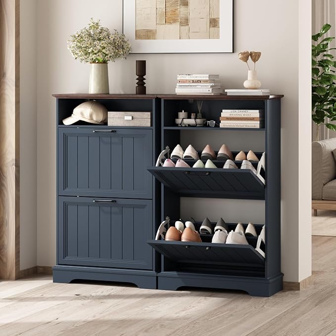 Shoe Storage Cabinet with 2 Flip Drawers, 24" W Farmhouse Modern Hidden Shoes Rack with Adjustable Shelves & Open Storage, Narrow Slim Shoe Organizer for Front Door Entrance, Entryway, Navy Blue
