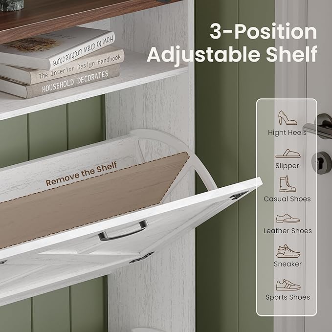 Shoe Storage Cabinet with 4 Flip Drawers Narrow Shoe Rack Cabinet Farmhouse Design Freestanding Shoe Organizer with Open Storage for Entryway,Hallway,Foyer,White Walnut