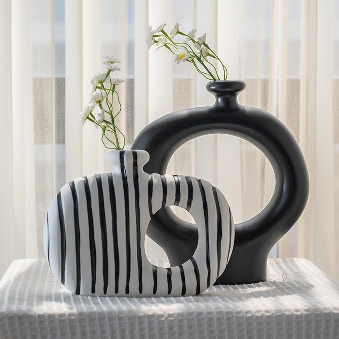 Relexome Donut Vases Set of 2,Black & White Striped Hollow Ceramic Flower Vases,Modern Nordic Minimalist Round Decorative Vase for Pampas Grass,Dried Flowers,Living Room,Table Centerpiece & Home Decor