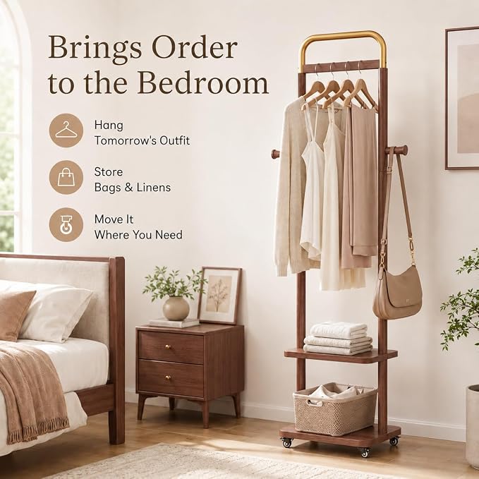 Solid Rubberwood Coat Rack – 71.2" Tall Standing Rack with Locking Wheels, 2-Tier Shelves & Side Hooks, Slim Hall Tree for Entryway or Bedroom (Walnut Brown 15.7" W x 71.2" H)