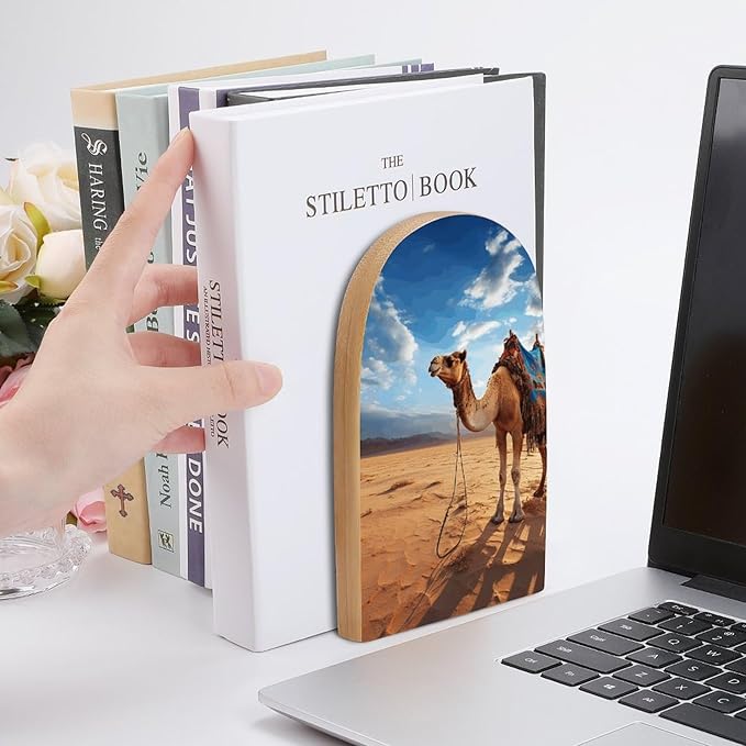 Camel Sky Book Ends Wooden Bookends Non-Skid Metal Base Heavy Duty Book Shelves Decor, Decorative Bookends for Books/CDs Bookshelf Table Home Decor