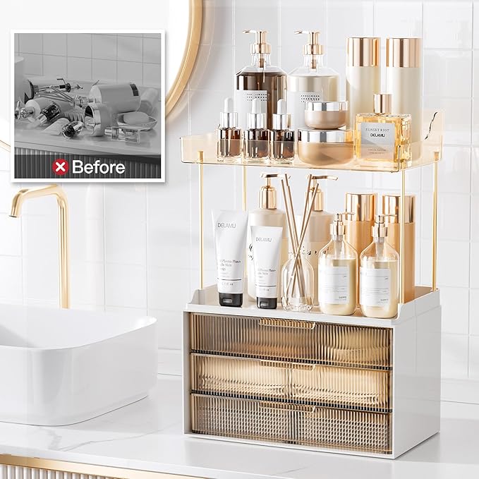 Delamu Bathroom Organizers and Storage, 2 Tier 3 Drawer Makeup Organizer Countertop, Easy to Install, Ideal for Bathroom Counter, Vanity, Ideal for Women Girls, Amber