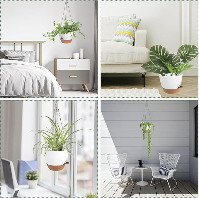 Vanslogreen Hanging Planters for Indoor Outdoor Plants, 1 Set Self Watering Hanging Pot with Drainage Holes & Removable Tray (White-12inch, 12'')