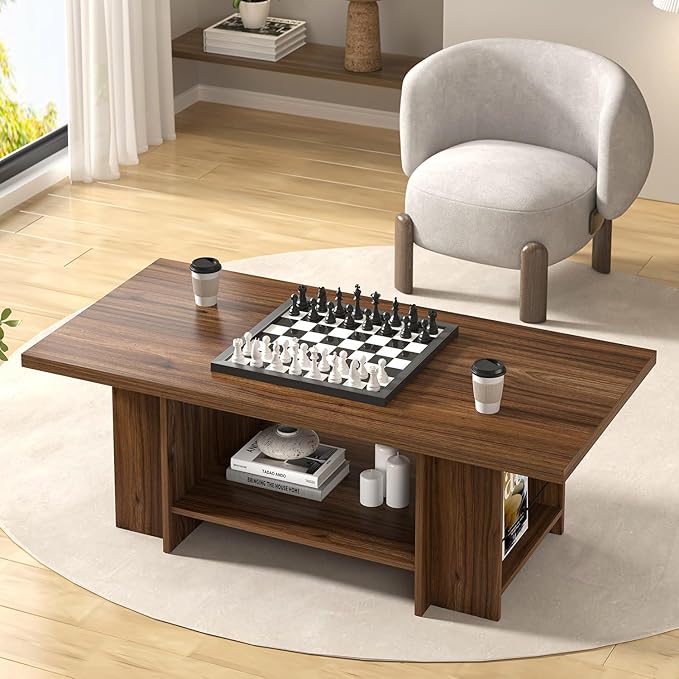 FOLUBAN Coffee Table, Modern Wood Living Room Table with Storage Bottom Shelf & Side Shelves, Rectangle Center Table Cocktail Tea Table for Home Office, Rustic Walnut, 47 Inch