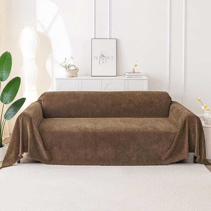 Smiry Couch Cover for Dogs, Washable Chenille Sofa Covers for 3 Cushion Couch, Soft Sofa Slipcover for Pets, Thick Sectional Furniture Protector with Tassels (Chocolate, 71x118 Inch)