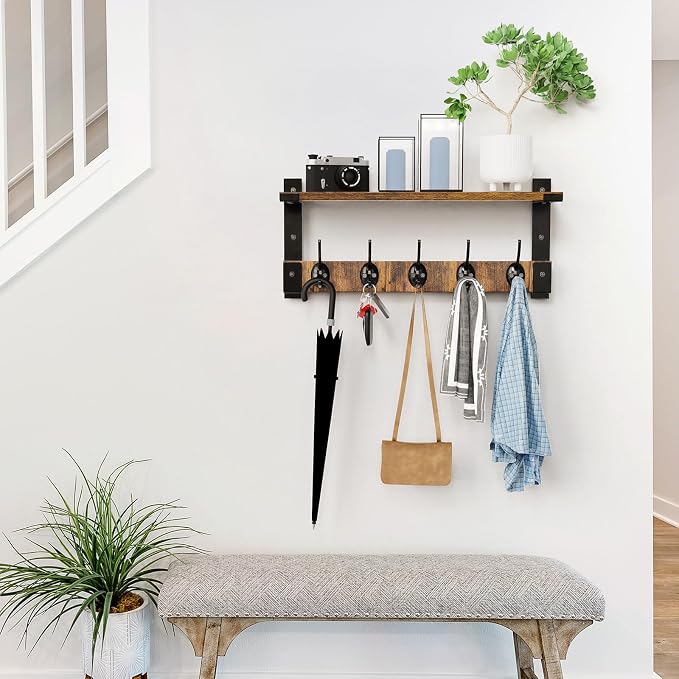 Oraich Wall Hooks with Shelf, Coat Rack Wall Mount for Coat Backpack Key Clothes Hanger, Wall Floating Shelf Hanging in Entryway, Living Room, Bathroom, Bedroom, Kitchen