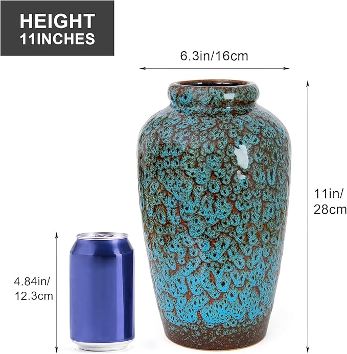Unique Ceramic Flower Vase, Modern Home Decor for Living Room, Tables, Shelves & Enterways,11Inch Tall Glaze Blue Vase Gift for Housewarming, Wedding, Birthday
