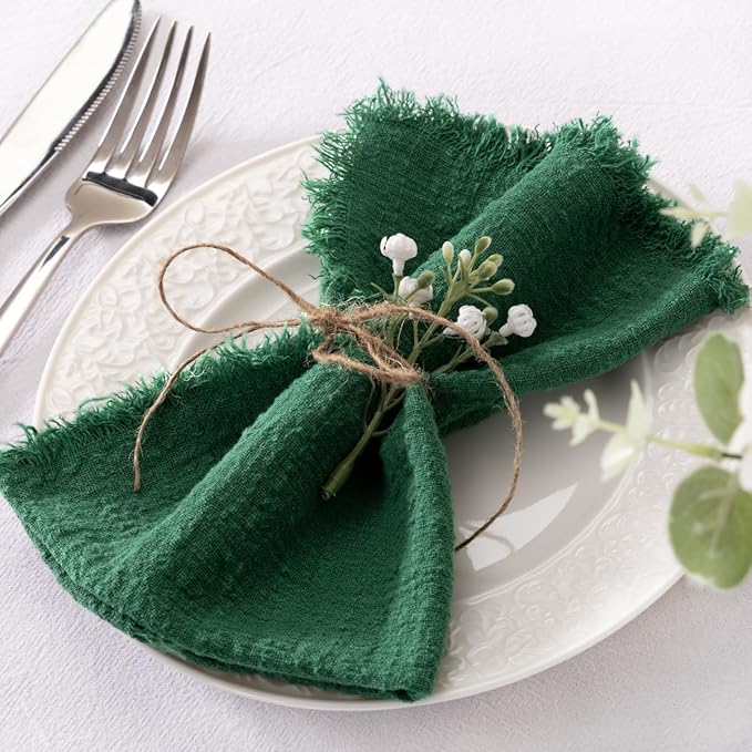 Socomi Set of 6 Linen Napkins Emerald Green Christmas Easter Spring Cloth Napkins Washable Cotton Dinner Napkins Fringe 17"x17" for Wedding Party Bridal Baby Shower Birthday Table Decorations