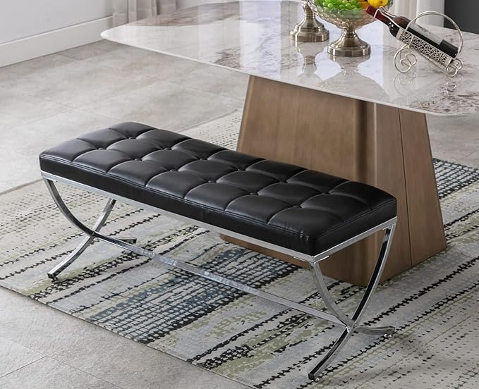 EALSON Modern Entryway Bench Leather Upholstered Dining Bench with Metal Base Button Tufted Ottoman Bench with Padded Seat Accent Foot Bench for Bedroom End of Bed/Living Room, Black