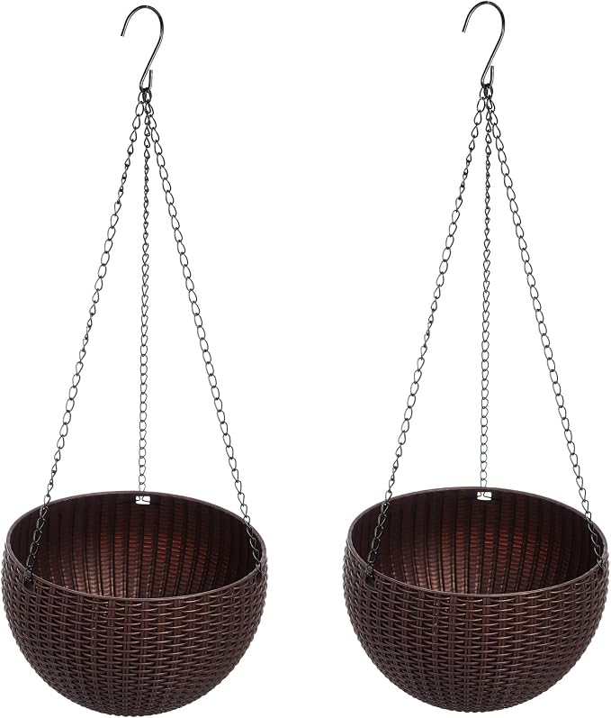 Hanging Basket Plastic Flower Pot Round Resin Garden Hanging Planter for Indoor Outdoor Plants 2 Pack Brown