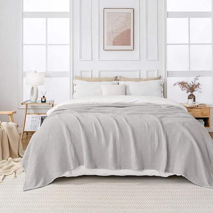 Esterra Muslin Blanket Queen Size Cozy Soft Lightweight Pre-Washed Cotton Blanket, All Season Breathable 4-Layer Gauze Blanket Throw for Couch Bed, Gray Violet, 90x90 Inches