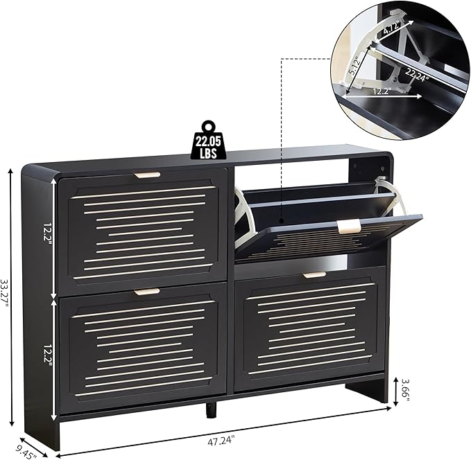 Shoe Storage Cabinet for Entryway with 4 Flip Drawers, Narrow Shoe Rack Organizer, Slim Freestanding Wood Hidden Shoe Cabinet with Adjustable Shelf for Hallway, Living Room (Black, 47.24'')