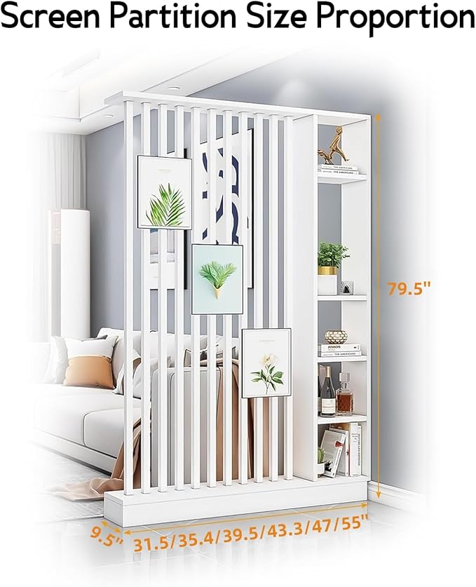 Wall Room Divider, Storage Cabinet Storage Display with Shelves, Modern Freestanding Wood Room Divider Screen, Wall Privacy Screens for Home Decorative (White+W,47" L x 9.5" W x 79.5" H)