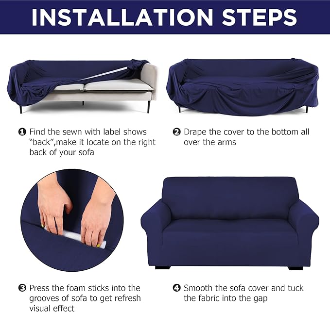Peryiter 2 Pcs Sofa Covers Couch and Loveseat Covers Set Stretch Sofa Slipcover for Living Room Armchair Furniture Protector, Wrinkle Proof(Navy Blue,Milk Silk)