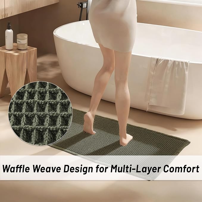 Waffle Bath Mat Set of 2, Non Slip Waffle Rugs for Bathroom, Super Absorbent & Quick Dry Soft Shower Mat for Bathroom & Kitchen Floor, Machine Washable Bath Rugs (Green)